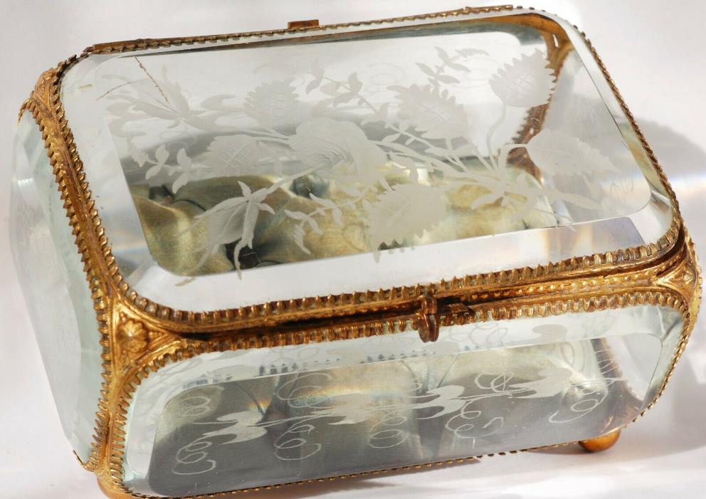 ANTIQUE VICTORIAN FRENCH LARGE ORMOLU GLASS JEWELRY CASKET Trinket Box c.1880's