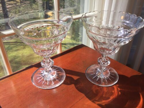 Pair large Antique Anglo-Irish Open Cut Crystal Glass Compotes