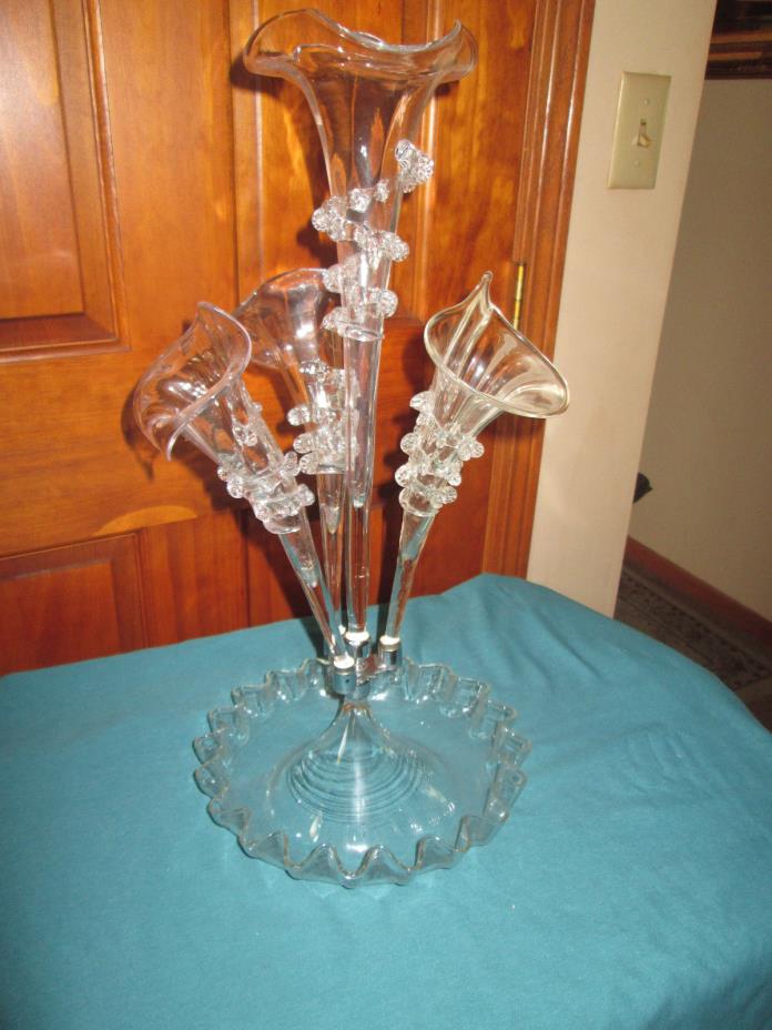 Vintage Victorian Blown Glass Epergne Clear Trumpets Vases