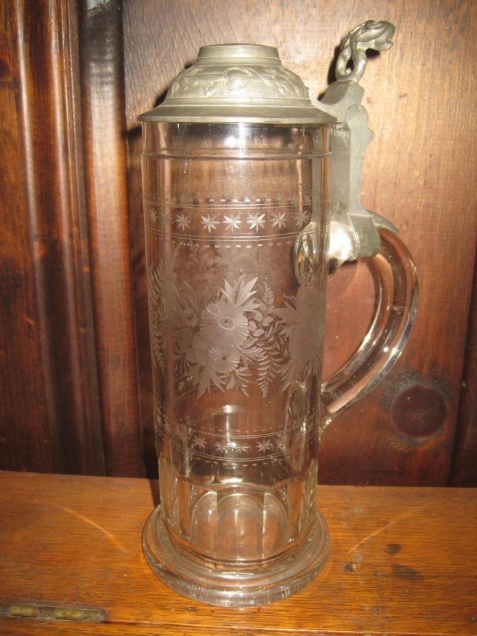 Antique Mettlach Blown & Etched Glass Beer Stein 9