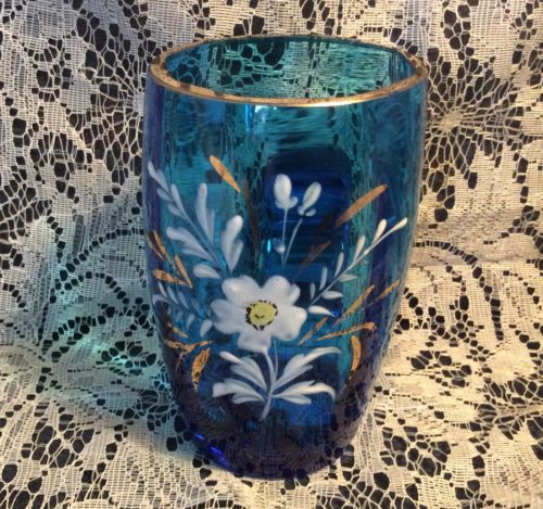 Antique Blue Glass Handled Tumbler Cup Mug Hand Painted Floral Gold Trim / Rim