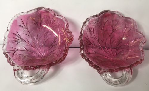 Cranberry Flash Glass Leaf Dishes Victorian Set Of 2 Approx 4-1/2” x 5-1/4”