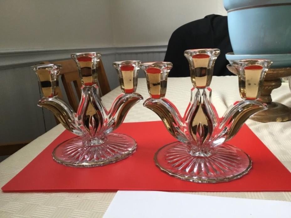 Pair of Antique Glass Candelabra, 3 light, Gold accents