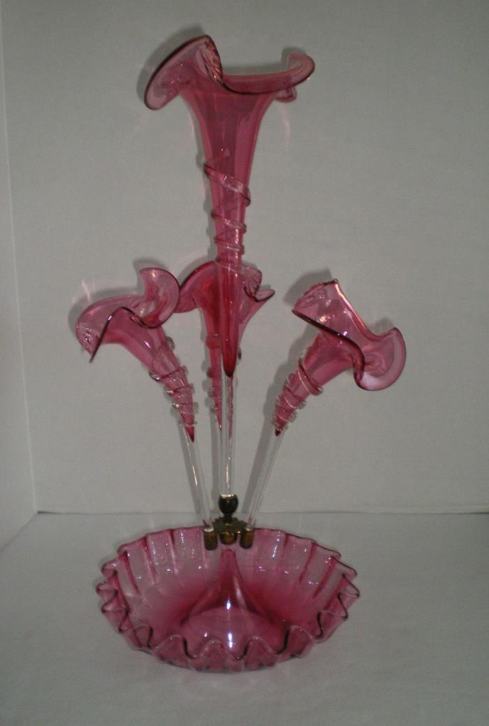 Antique Epergne Victorian Cranberry Art Glass With Rigaree