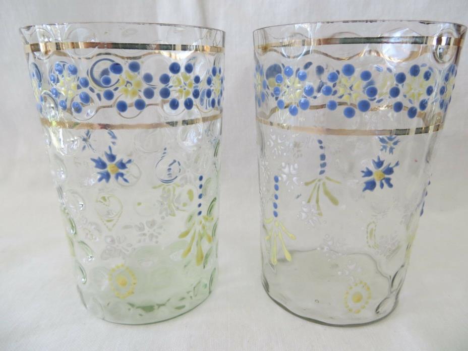 2 Victorian Enameled Glass Tumbler Blue Yellow Flowers Swag Thumbprint Coin Dot