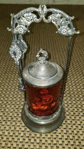 Antique Cranberry Glass Pickle Castor with Tongs