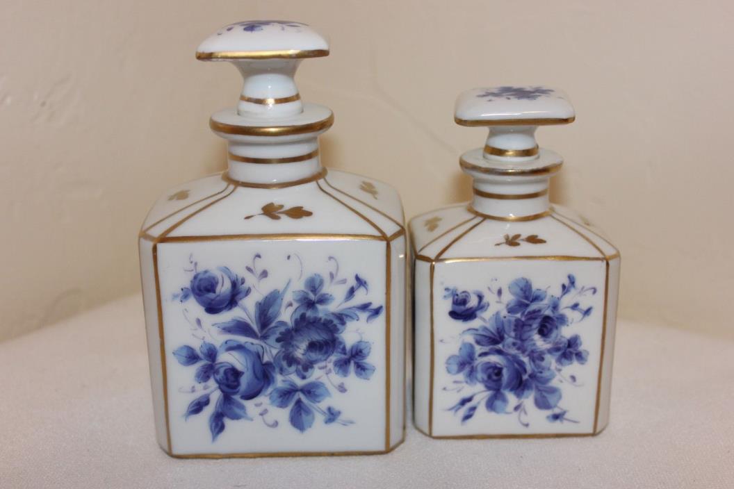 Beautiful French Porcelain Hand Painted Perfume Bottles & Stoppers, Blue Flowers