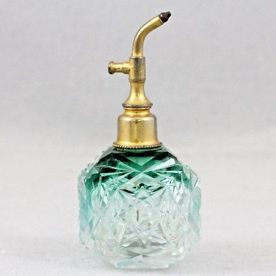 Perfume Bottle  Atomizer Vintage  Clear to Green  Glass Gold Stem