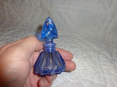 Vintage Blue Pressed Glass Vanity Perfume Bottle w Stopper