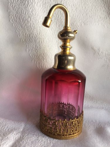 Antique French Cranberry & Bronze Perfume Bottle Atomizer