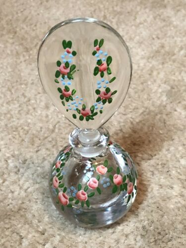 Vintage Enameled Roses On Crystal Perfume Bottle With Glass Stopper