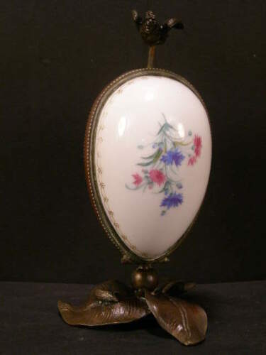 1800s French Bronze Mechanical Bird Porcelain Egg Casket Perfume Bottle Case Box