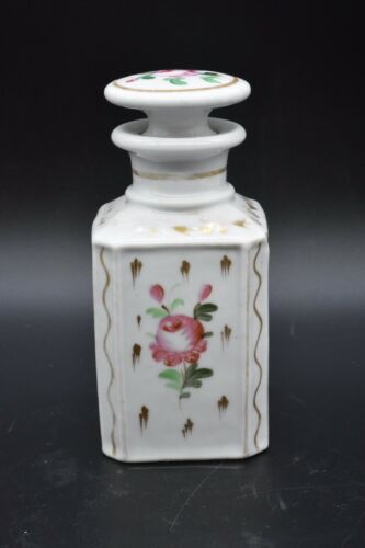 Old Paris French Porcelain Perfume Cologne Bottle White w/Pink Roses Gold
