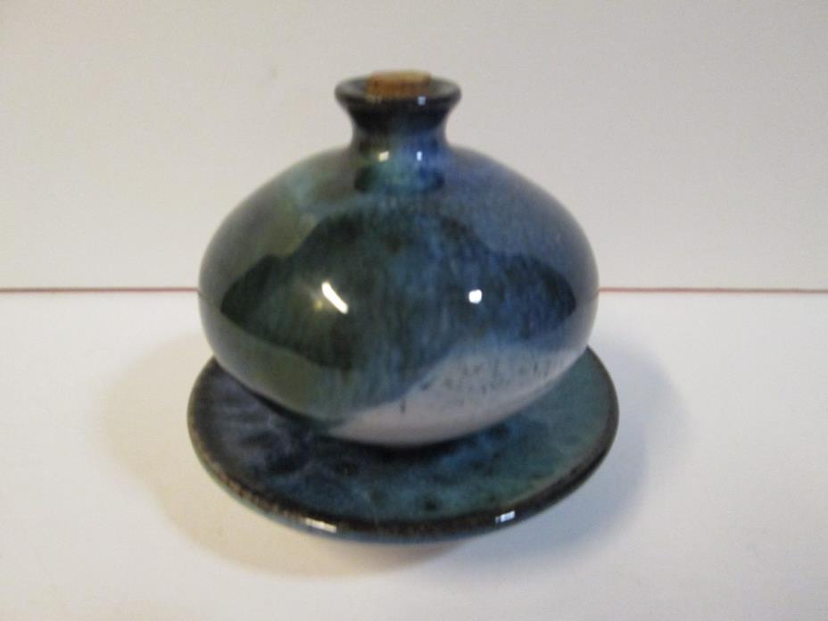 RARE VINTAGE HAND CRAFTED POTTERY PERFUME BOTTLE WITH DISH MADE IN FRANCE