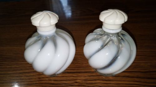 2 Vintage Wrisley Wistaria Fenton Perfume Bottles White Opalescent Melon Swirl