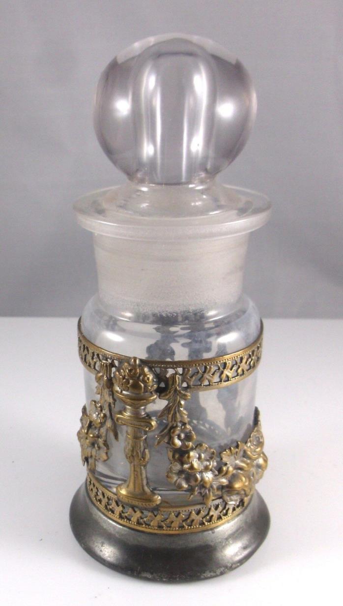 Vintage Crystal and Ornate Metal Holder Perfume Bottle withSpider Web Logo 