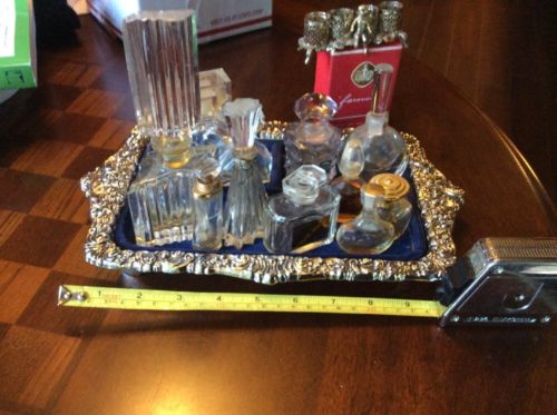 11 Rare Perfume Bottles Christian Dior, Joy, Nina Ricci & Silver Tray & Holder