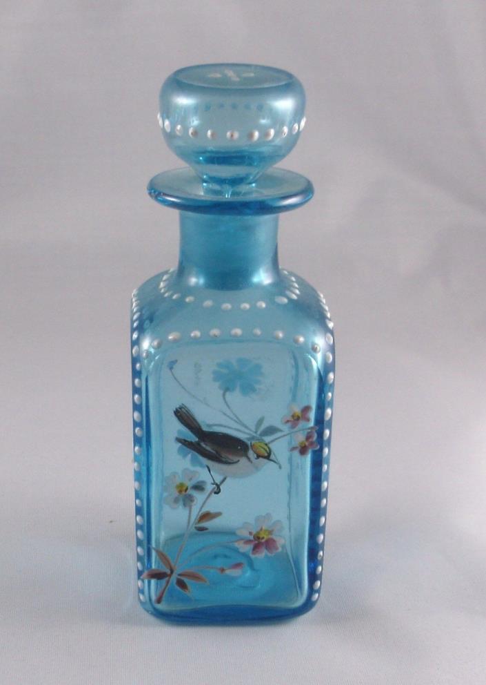 Vintage Blue And Hand Enameled Flowers and Bird Pontil Mark Perfume Bottle