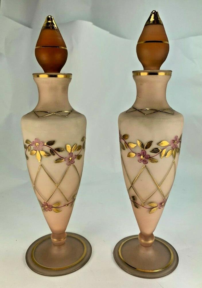 ANTIQUE PAIR OF FRENCH ROSE FROSTED AND ENAMEL GLASS PERFUME BOTTLES
