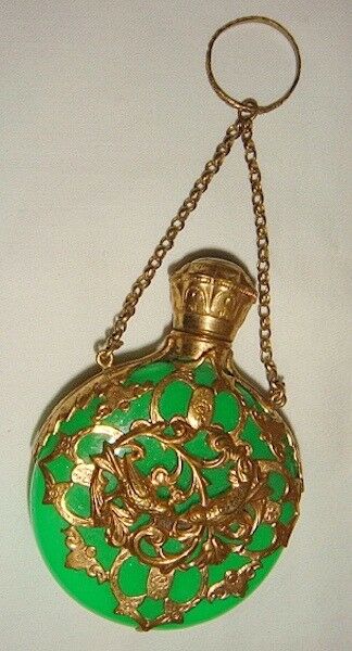Vintage Opaline with Brass Mounts Finger /Chatelain Perfume Bottle