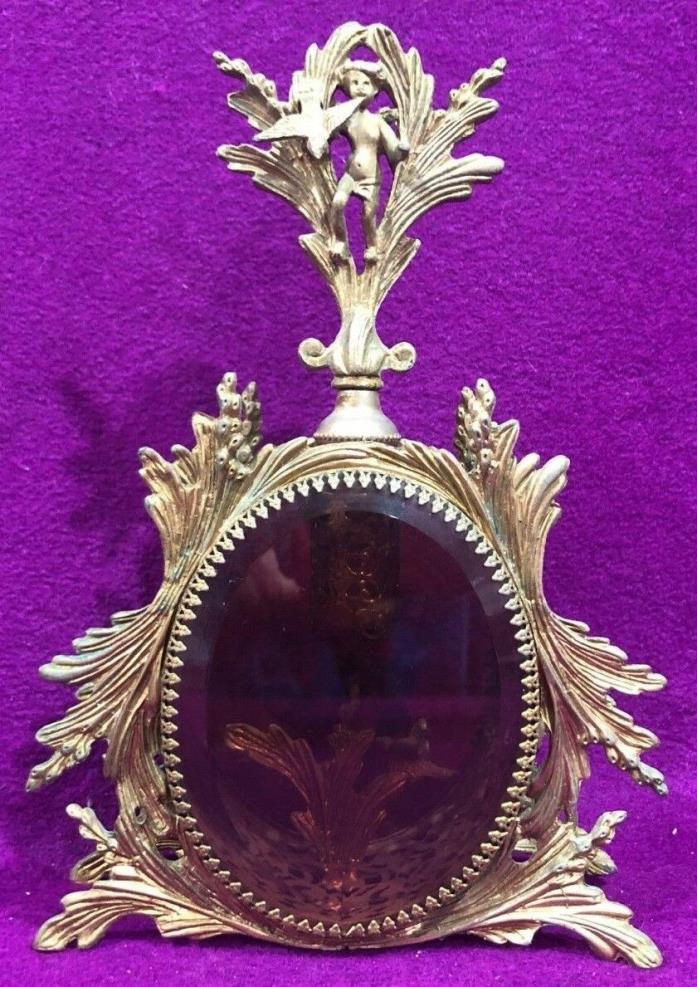 Ornate Ormolu Brass Filigree Amber beveled Glass Perfume Bottle Stopper Dubber V