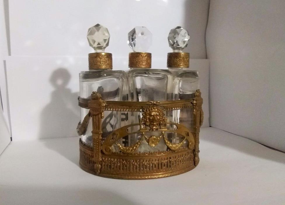 ANTIQUE THREE BOTTLE PERFUME GOLD ORMOLU AND CRYSTAL GLASS SET FRENCH