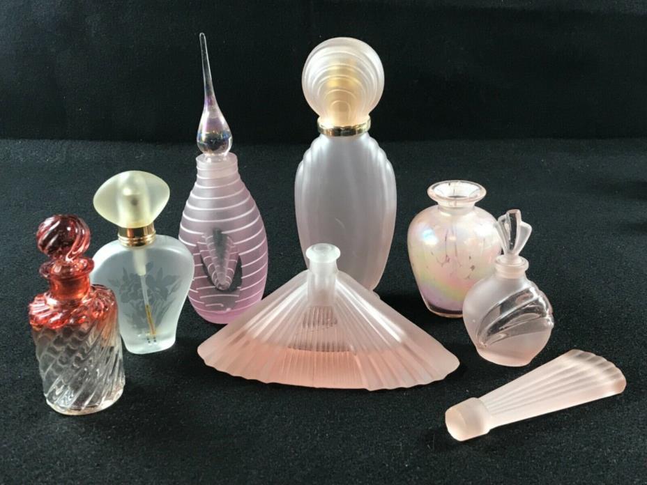 7 Vintage Pink Glass Perfume Bottles w/ Stoppers