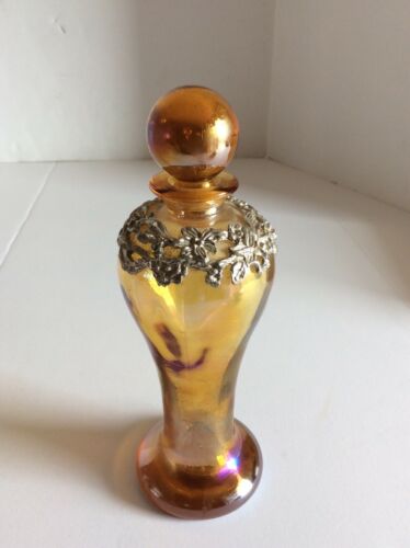 GORGEOUS AMBER OPALESCENT WITH SILVER OVERLAY GLASS PERFUME BOTTLE