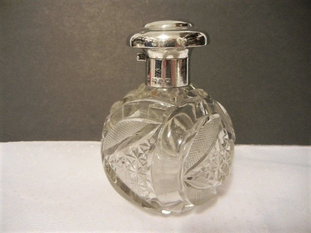 ANTIQUE ENGLISH STERLING SILVER & CUT CRYSTAL GLASS PERFUME BOTTLE circa 1924