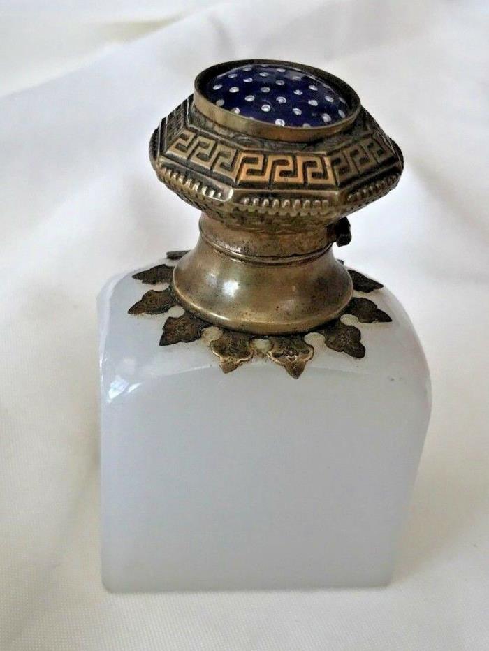 Victorian Snuff Bottle Cologne Bottle Opaline Clam Broth Glass Hinged Enamel Top