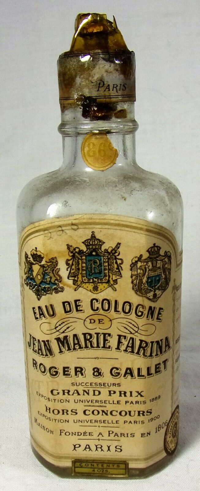 Antique Perfume Bottle Eau De Cologne JEAN MARIE FARINA Paris France -Label