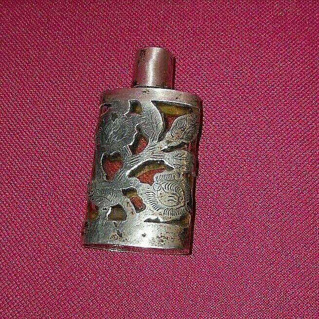 VINTAGE STERLING SILVER OVERLAY GLASS PERFUME BOTTLE SCENT FLASK Taxco Mexico