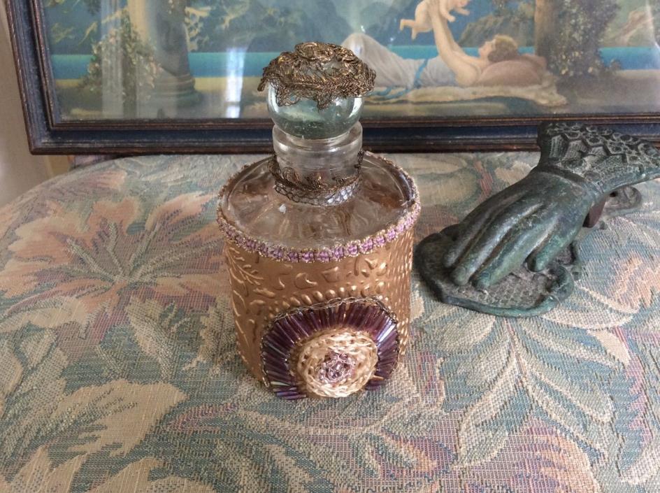 Antique Glass and Metallic Lace Perfume Bottle