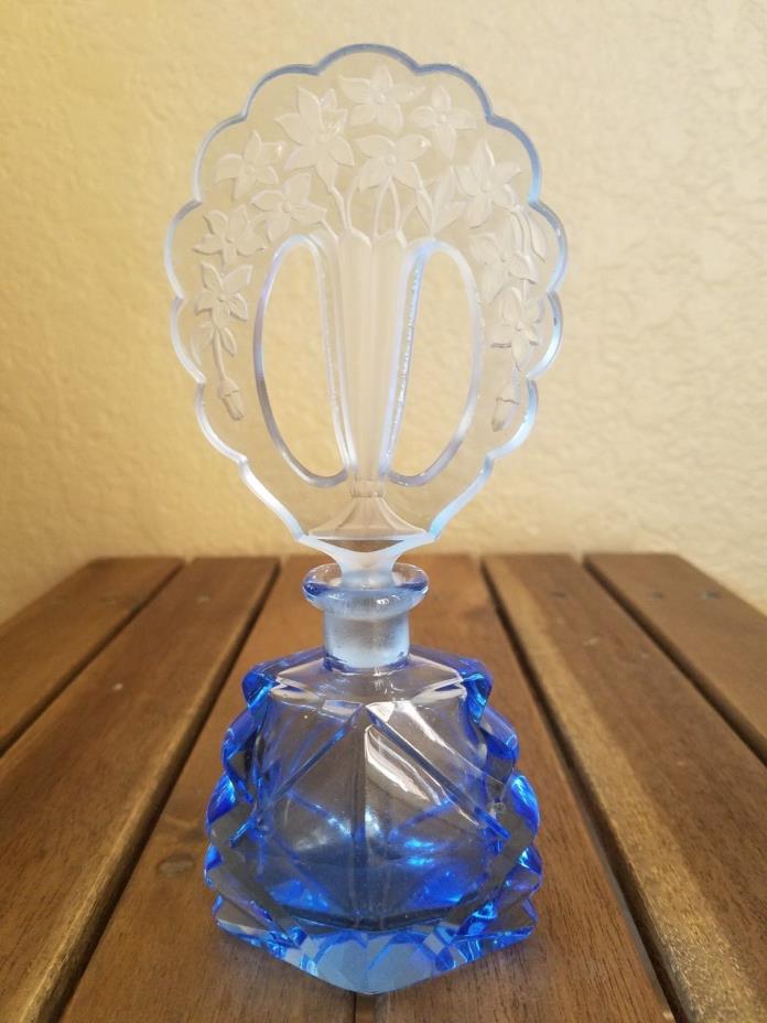 Czech Glass Sky Blue Ornate Cut Glass Large Stopper and Bottle