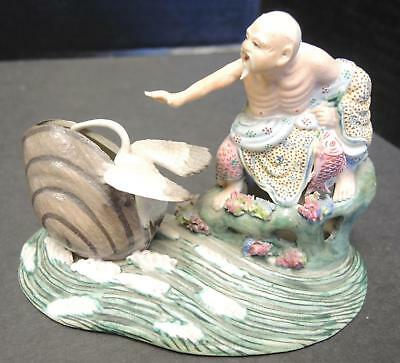 Unusual Signed Chinese Bisque Figure of Chinese Elder With Swan Depicting Fable