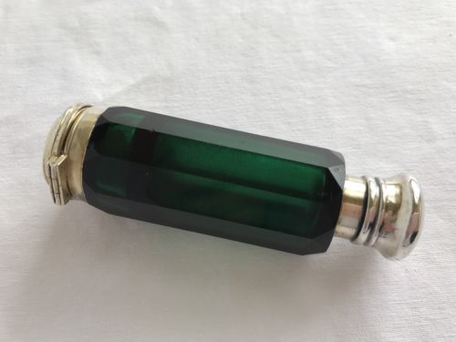 Antique Emerald Green Crystal Sterling Silver Double Ended Perfume Scent Bottle