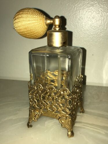 Antique Footed Perfume Bottle Atomizer Goldtone Ormolu Glass