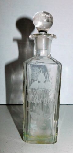 ANTIQUE ETCHED LARGE GLASS PERFUME COLOGNE BOTTLE WITH GLASS STOPPER 8 1/4
