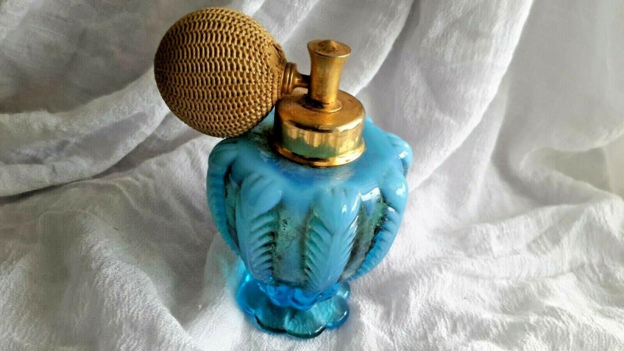 ATOMIZER HAND BLOWN PERFUME VINTAGE ANTIQUE OCEAN BLUE THICK GLASS BOTTLE