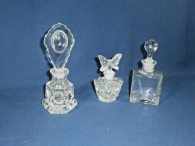 3 Original Vintage Fancy Clear Glass PERFUME BOTTLES with STOPPERS