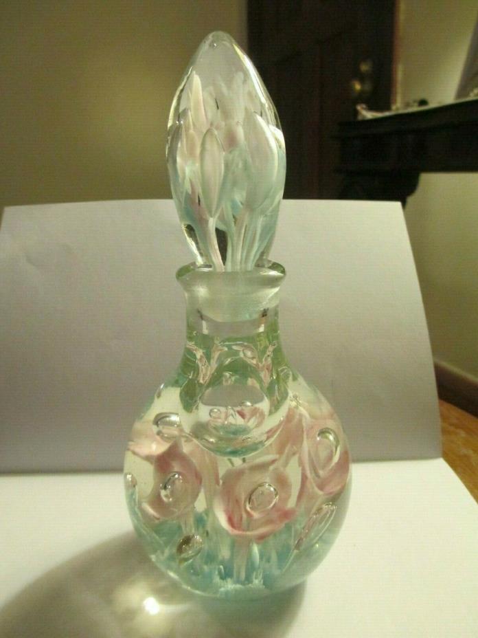 Vintage Art Deco Heavy pink flower Murano ? Perfume Bottle Art Glass 6 1/2 in