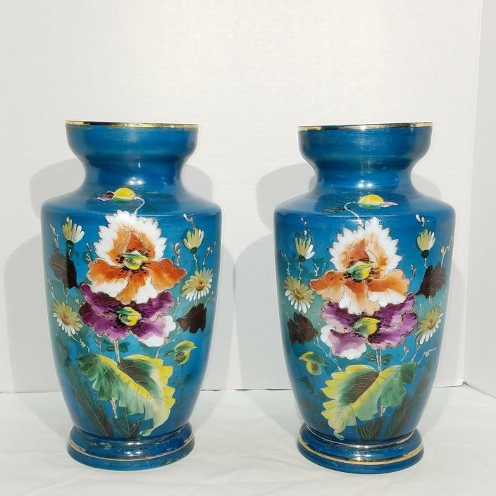 French Opaline Antique Hand-Painted Blue Floral Gilted Vase Pair 12.50