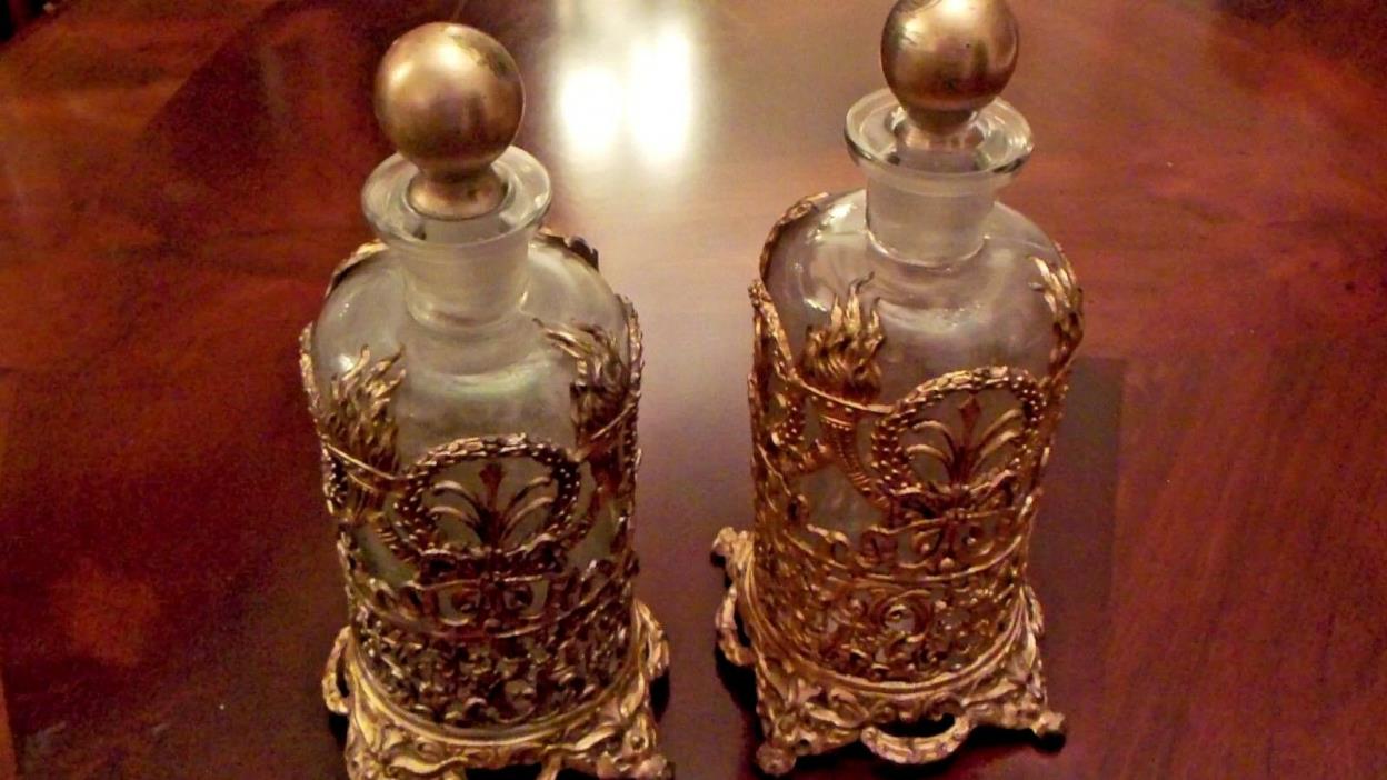 Apollo 1930's French Empire Style Gilt Metal Ornate Perfume Bottles (Pair)