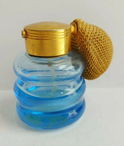 Antique ART DECO Small Blue Glass Vintage Perfume Bottle Atomizer USA DeVilbiss?