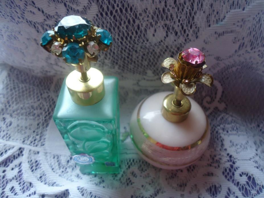 Irice Pink Jeweled & Green Jeweled Glass Perfume Scent Bottles with Stickers