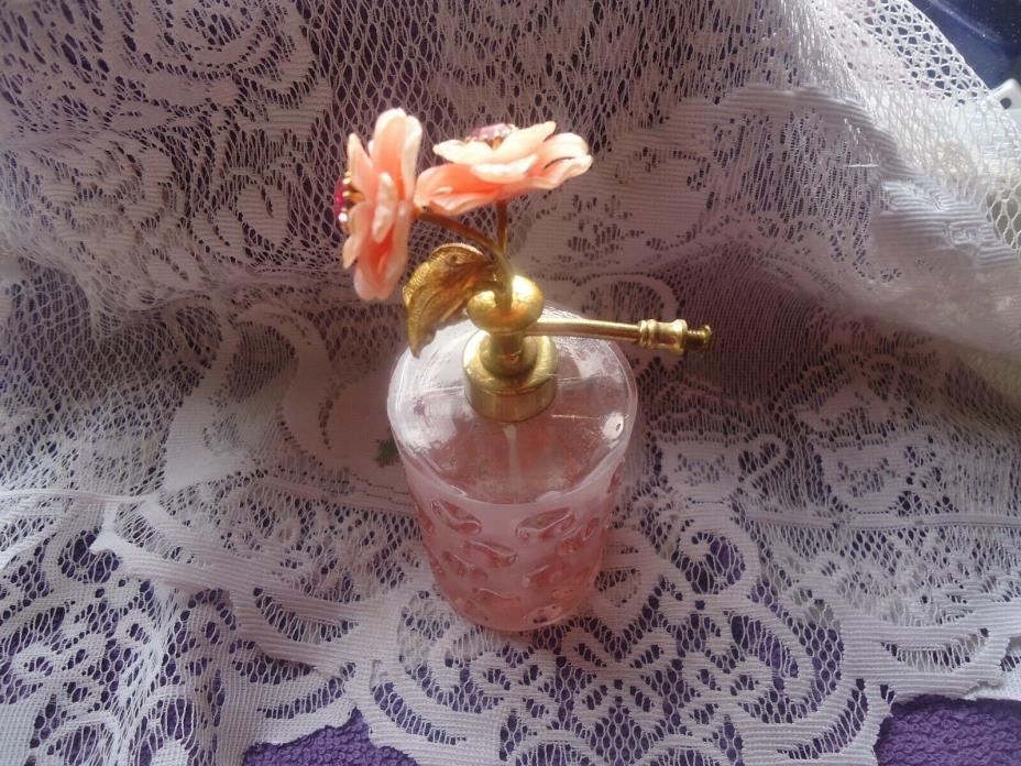 Irice Pink Opalescent Coin Dot Pink Flowers Gem Stone Tall Perfume Scent Bottle