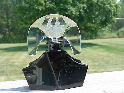 RARE CZECH PERFUME BOTTLE BLACK AND CLEAR GLASS-SEATED LOVERS STOPPER