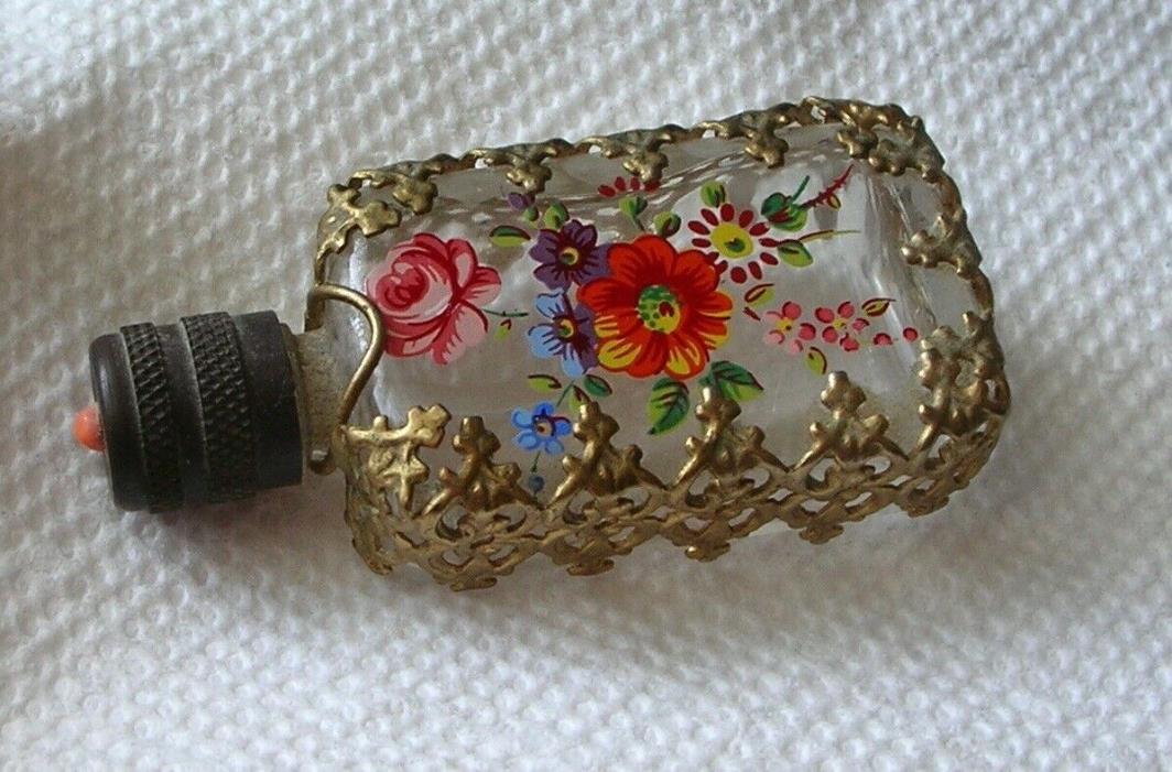 Antique Hand Painted Enamel Flowers Perfume Bottle Gold Gilt Fleur De Lis Trim