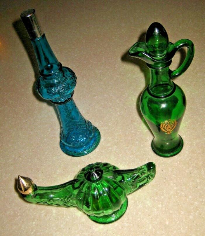 3 Vintage Avon Colored Glass: Nile Green Bath Oil Urn, Genie & Jeanne Bottles