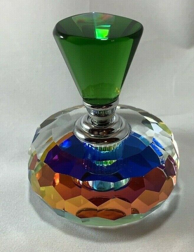 Cut Glass Green Blue Iridescent Perfume Bottle & Dauber / Stopper - Free Ship